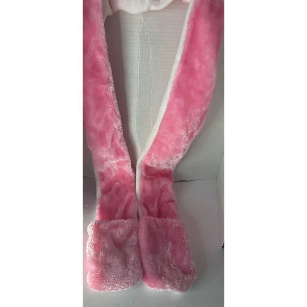 Pink Bunny Plush Hat Ear Flaps with Arm-Length Attached Mittens fall cozy